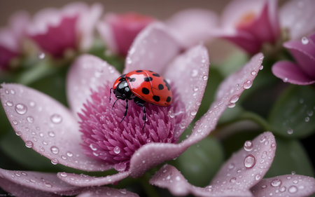 ladybug on a pink flower with water droplets close upの素材