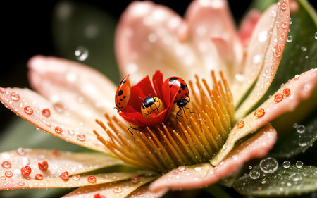 Beautiful ladybug on water lily flower with dew dropsの素材