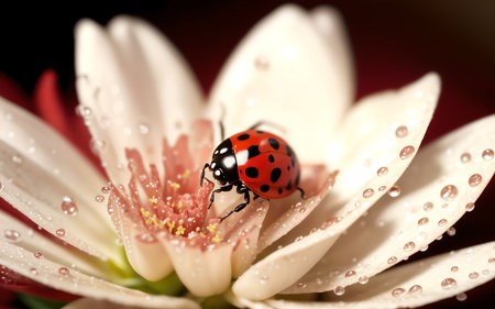 ladybug on a white dahlia with dew dropsの素材