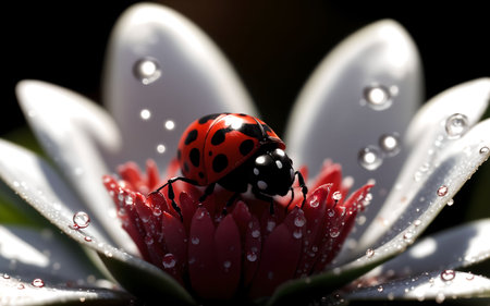 ladybug on a white flower with water drops on a black backgroundの素材