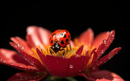 ladybug on red flower isolated on black background macro close upの素材