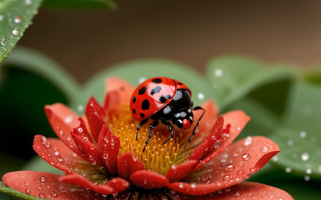 ladybug on red flower with water drop in nature background.の素材