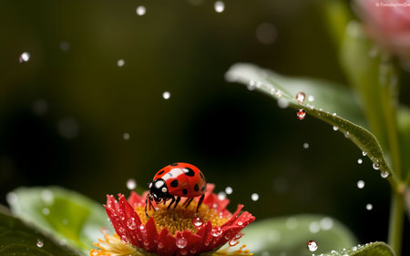 ladybug on a flower with drops of water in the rainの素材