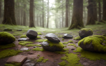 Beautiful green mossy stones in the forest, 3d renderの素材