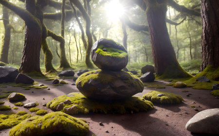 Zen stones in the forest with sunlight. 3d rendering. Computer digital drawing.の素材