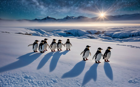 Group of penguins on the snow in Antarctica. 3d renderingの素材