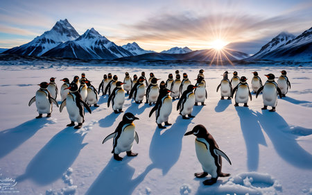 Group of penguins standing on the snow and looking at the sunの素材
