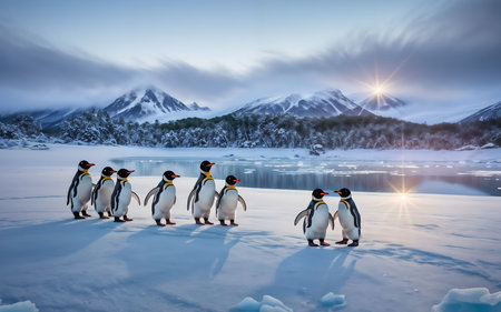 Group of penguins standing on the ice in Antarctica at sunset.の素材