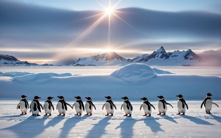 Group of penguins on the snow in Antarctica with sun in the backgroundの素材