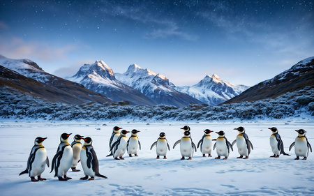 Group of penguins on the snow in Antarctica at night. Beautiful landscapeの素材