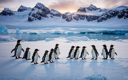 Group of penguins on the ice floe, Antarctic Peninsula, Antarcticaの素材
