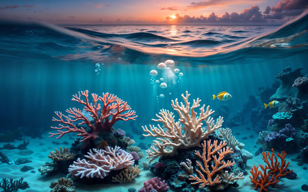 Underwater view of coral reef with fish and sea wave at sunset