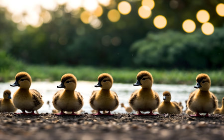 Group of yellow ducklings swimming in the water. Ducklings in the water.の素材