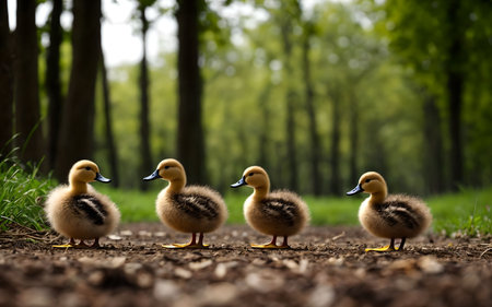Ducklings on the ground in the park. Selective focus.の素材