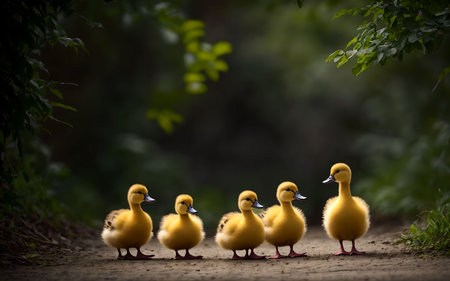 Group of yellow ducklings standing on the road in the park.の素材