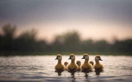 Group of ducklings floating in the water at sunset. Selective focus.の素材