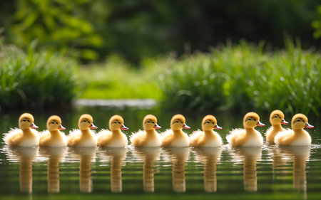 three ducks standing on the road and looking at the camera in a parkの素材