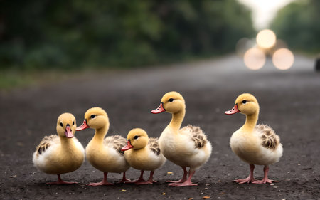 Group of ducklings standing in line on the road in the eveningの素材