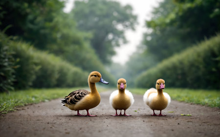 Group of ducklings in a row on a country road in summerの素材