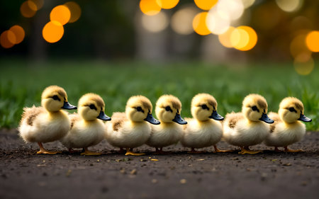 Cute ducklings in the park with bokeh background.の素材
