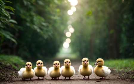Group of yellow duckling walking on the road in the park.の素材
