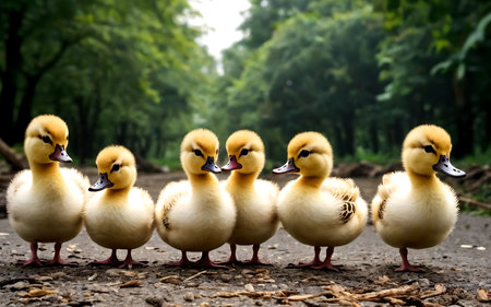 Group of yellow ducklings in the park. Selective focus.の素材