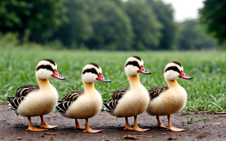Group of ducks on a meadow in the summer, shallow depth of fieldの素材