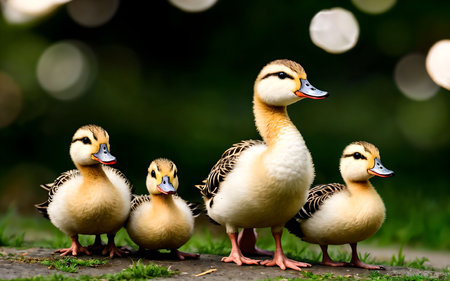 Duck family on green grass in the park with bokeh backgroundの素材