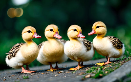 Group of ducklings walking in the park on a sunny day.の素材