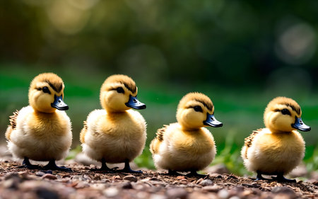 Group of ducklings standing on the ground with green background. Close-up.の素材