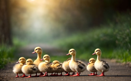 Group of ducklings in a row on the road in the sunlightの素材