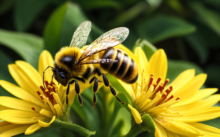 Bee collecting nectar from yellow flower in the garden. Macro.の素材