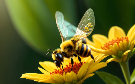 Bee on yellow flower, closeup of a bee pollinating yellow flowerの素材