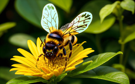 Bee on yellow flower in the garden close-up macro photography.の素材