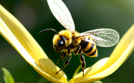 Bee on yellow flower in the garden. Shallow depth of field.の素材