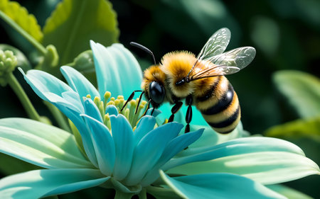 Bee on a blue flower in the garden. Shallow depth of field.の素材