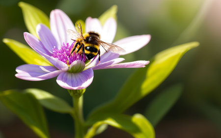 Bee on a purple flower in the garden. Shallow depth of fieldの素材