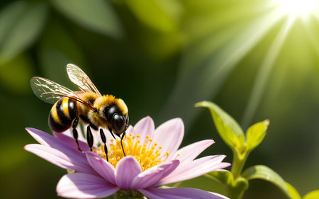 Bee on a pink flower in the sun. Shallow depth of field.の素材