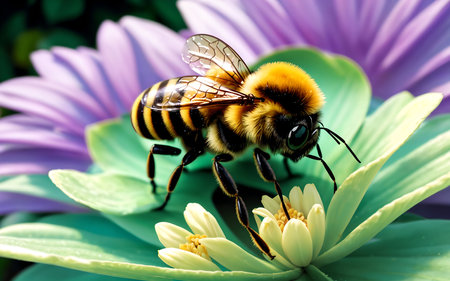 Bee on flower. Macro photo of a bee pollinating a flower.の素材