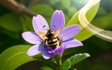 Bee on purple flower in the garden. Nature background. Close up.の素材