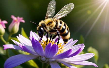Bee pollinating a purple flower. Bee pollinates a flower.の素材