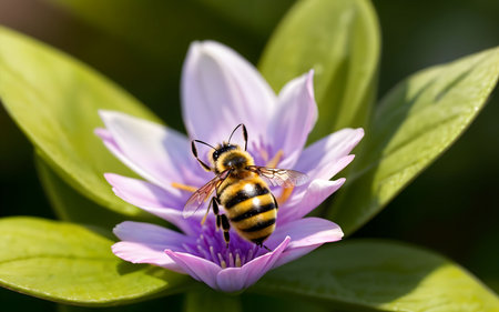 Bee on a purple flower in nature. Shallow depth of field.の素材