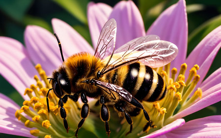Bee on a flower collects nectar and pollen. Close-upの素材