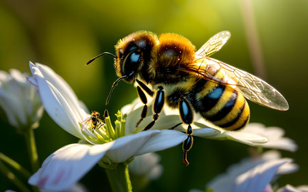 Bee collecting pollen from a flower in the garden. Macro shot.の素材