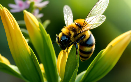 Close up of a bee collecting pollen on a yellow lily flowerの素材