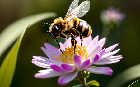 Bee on a purple flower in the garden. Shallow depth of fieldの素材