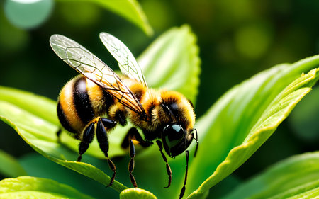 Bumblebee on a green leaf. Shallow depth of field.の素材