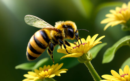 Bee on yellow flower in the garden. Shallow depth of field.の素材