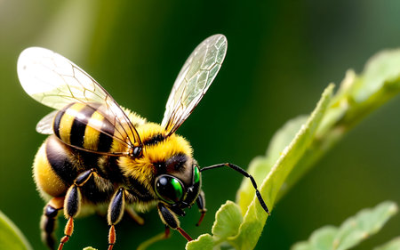 Macro shot of a bee on a green leaf in nature.の素材