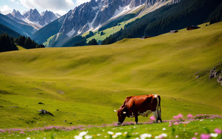 Cows grazing on alpine meadow in Dolomites, Italyの素材